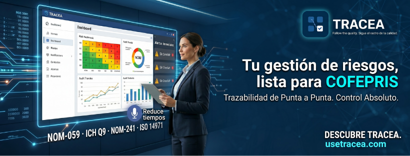 TRACEA — Tu gestión de riesgos, lista para COFEPRIS. Dashboard con Risk Heatmap, Audit Trends y normas NOM-059, ICH Q9, NOM-241, ISO 14971.